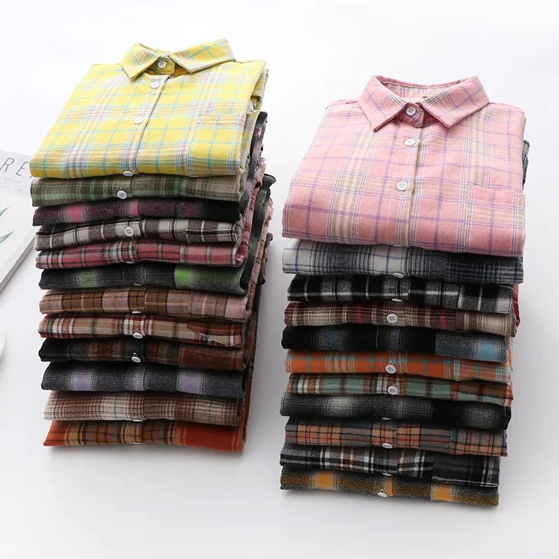 

Plaid Shirt Women 2023 Spring Cotton Korean Vintage Shirts Loose Large Size Blouse Long Sleeve Tops Coat
