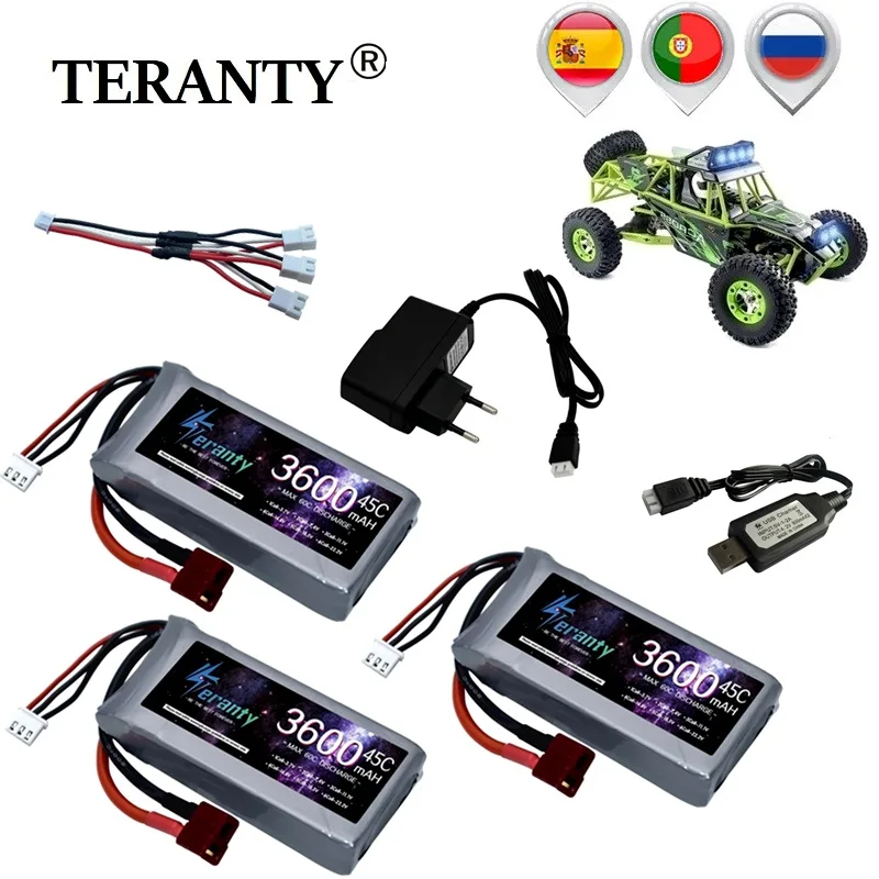 7.4V 3600mAh 45C RC Lipo Battery and Charger Sets For Wltoys 12428 12423 RC Car feiyue 03 Q39 parts 2s 7.4V Rechargeable Battery