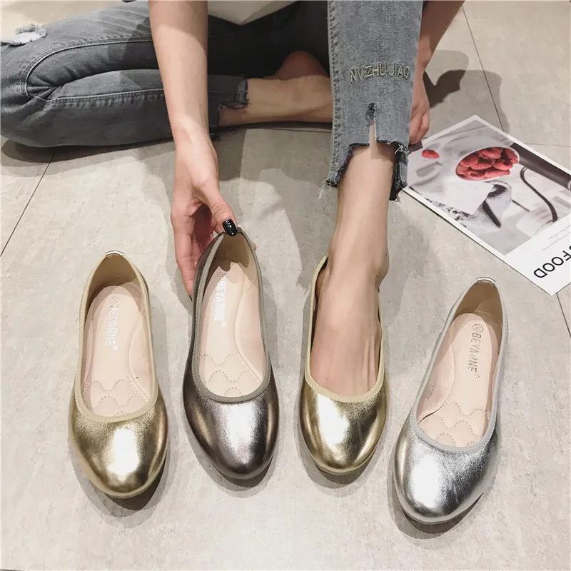 Flat Shoes for Women Lady Silver Flats Solid Color All Match Office Lady Basic Style Shoes Flat Heel Pu Leather Light Pink 35-41