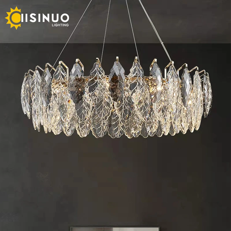 Modern luxury living room chandelier round smoky gray crystal indoor handing lamp gold led bedroom home decoration light fixture