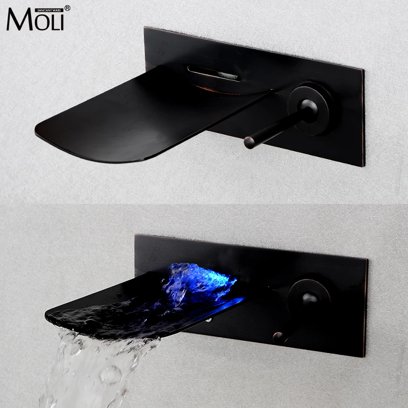 

MOLI High-end Wall Mounted Black Bathroom LED Faucet Glass Spout Waterfall Basin Faucets Single Handle Sink Tap ML1010B