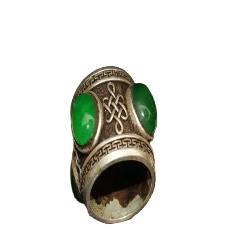 

Tibet and Nepal Folk Old Tibetan Silver Inlaid with Green Jade Ring