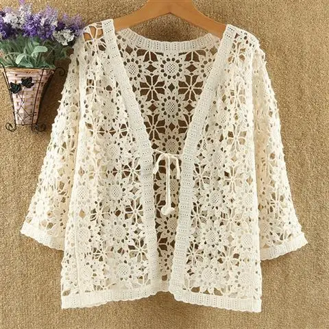 Sexy Hollow Lace Sunscreen Cardigan Sweater Women Wide Loose Air Conditioning Knitted Sweater Thin Section Female Spring Autumn