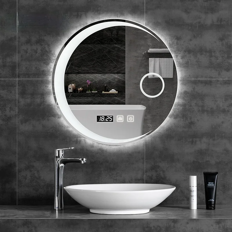 

60CM Nordic Smart Anti-Fog Bathroom Mirror Bathroom Wall Hanging Led Luminescent Lamp Moon round Mirror with Light Toilet Mirror