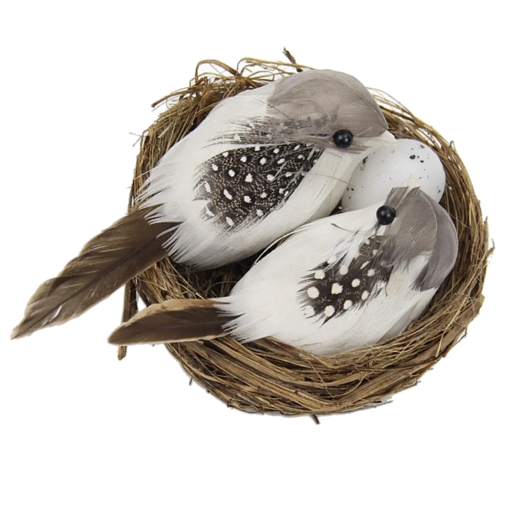 

Set of Artificial Feathered Birds Nest & Birds Eggs Garden Outdoor Statues for Bonsai Hanger Lawn Home Tree Decoration