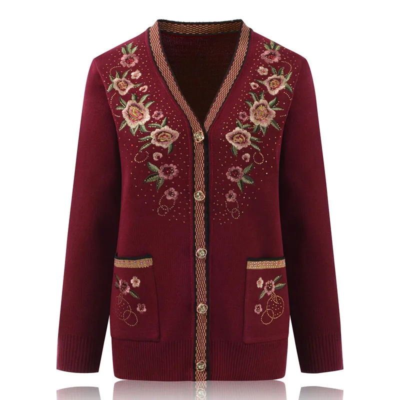 Middle-aged Elderly Women Sweater Cardigan Coat New Autumn  Winter Jacket Long-sleeved Embroidery knitt Sweater Female Tops R616