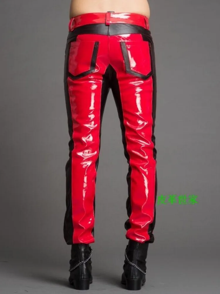 29-39 Men\'s New Sexy Stage Trousers Dj Color Block Fashion Personality Slim Leather Pants Male Singer Motorcycle Costumes