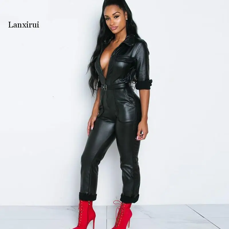 Women Faux Leather Jumpsuit Long Sleeve Pu Deep V Jumpsuit Bodycon Zipper Party Jumpsuit With Belt