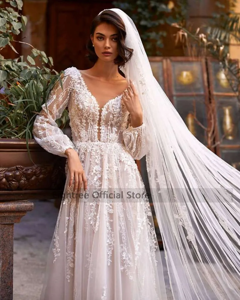 Eightree Vestido De Noiva Renda 2021 Kant Trouwjurken Vrouwen Lange Mouwen Bruid Jurk V Terug Champagne Vintage Bruidsjurken