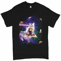 Cat Firing Rainbow Laser Riding Pizza Slice In Space. Funny Cat Graphic T-Shirt. Summer Cotton O-Neck Short Sleeve Mens T Shirt