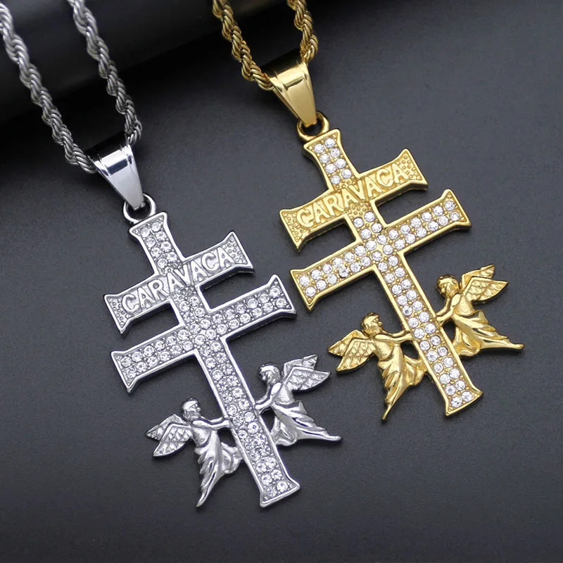 

Hip Hop Rhinestones Paved Bling Iced Out Stainless Steel Caravaca Angel Cross Pendants Necklaces for Men Rapper Jewelry