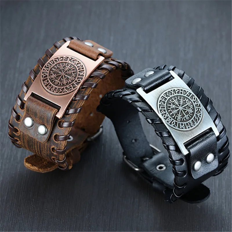 ZORCVENS Punk Vintage Compass Bangles Nordic Runes Odin Symbol Wrap Genuine Leather Viking Bracelet for Men