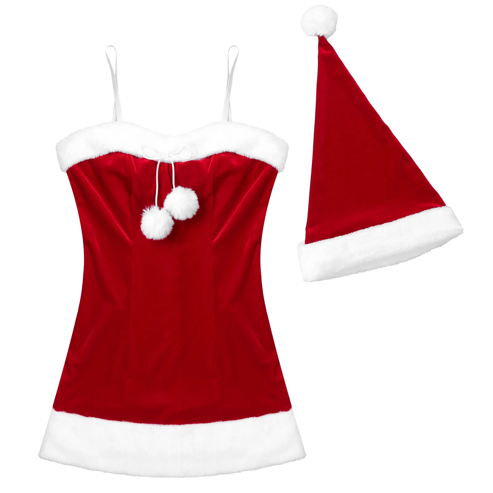 Womens Soft Velvet Santa Mini Dress with Hat Christmas New Year Santa Claus Fancy Dress Costume Xmas Holiday Party Clubwear