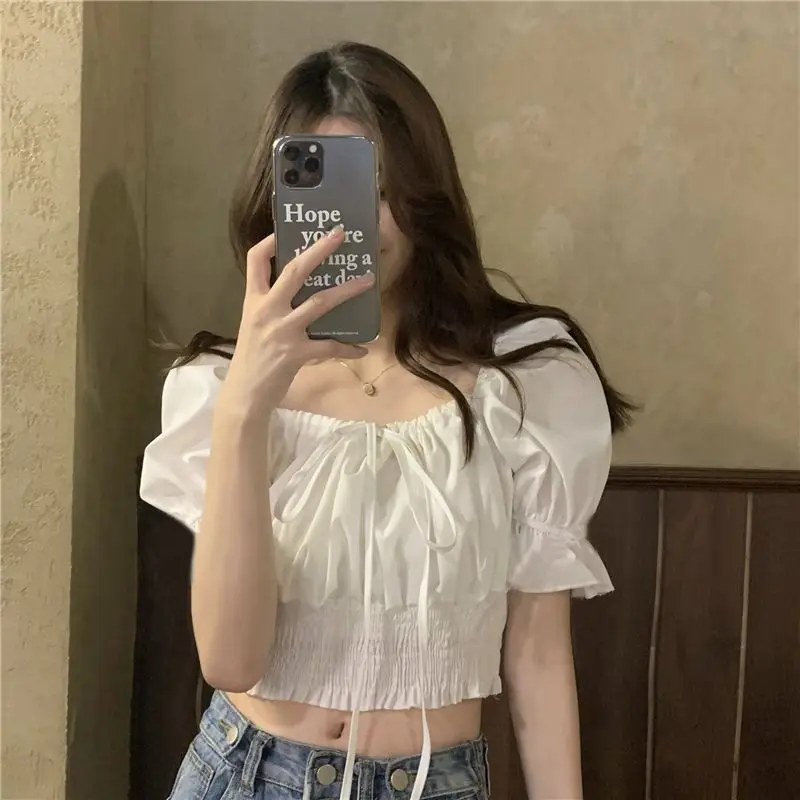 Off Shoulder Lace Up Bow Crop Top Blouse Women Summer Shirring Puff Short Sleeve Female Shirts Sweet Ruffle Tunic Korean Fashion