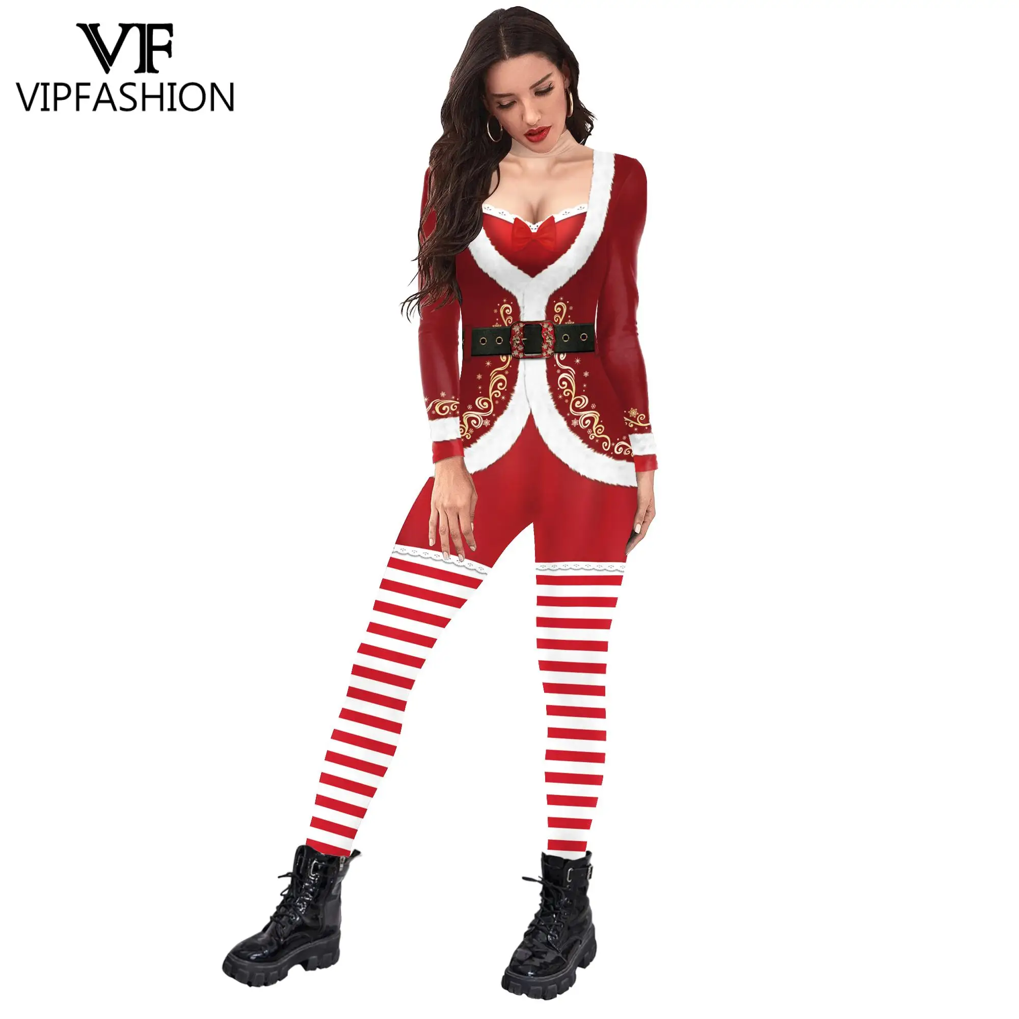 VIP FASHION Christmas Women Cosplay Costumes Funny Dress Legging Print Jumpsuit Sexy Onesie Female Party Outfit Zentai Bodysuit