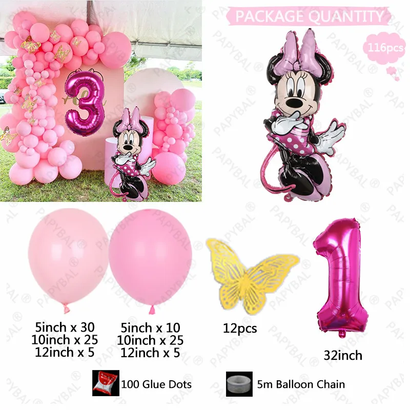 118pcs Disney Minnie Mouse Party Balloon Pink Latex Balloon Set Kids Girl Birthday Party Decoration Baby Shower Globos Supplies