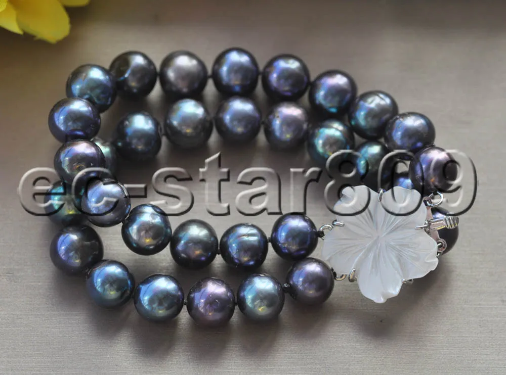 

Z11161 2strands 8" 12mm Round Black Freshwater Pearl Bracelet Shell Flower