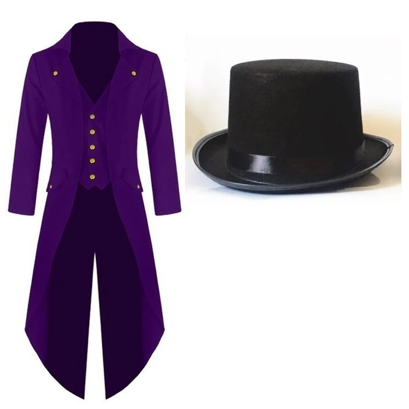 Costume Steampunk Médiéval pour Homme, Tailcoat Vintage, Veste Gothique, Manteau de Magicien Ringmaster avec Chapeau Magique, Grande Taille 5XL