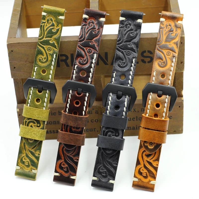 Onthelevel Genuine Leather Carved Embossed Watch Strap 20mm 22mm 24mm Watch Band Handmade Vintage Watchband For Panerai #D