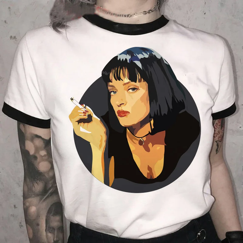 Vintage Pulp Fiction T Shirt Women Summer Harajuku Streetwear Tees Funny Cartoon Graphic Tshirt 90s Korean Unisex T-shir Female