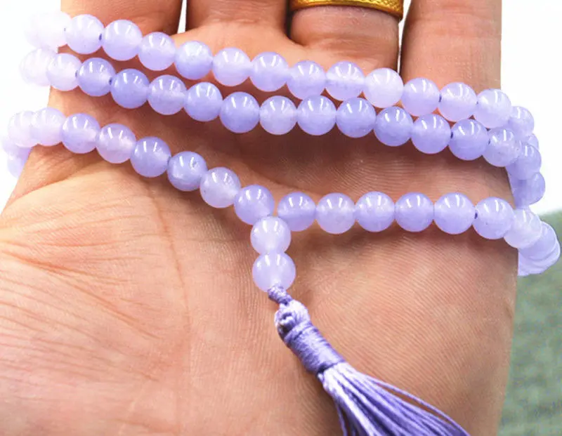 

HOT 6mm Tibetan Buddhism 108 Lavender Jade stone Prayer Bead Mala Necklace AAA