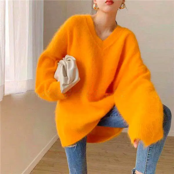 Oversized Gray Knitting Sweater Loose Fit Round Neck Long Sleeve Women Pullovers New Fashion Autumn Winter 2021