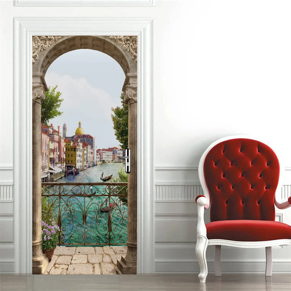 Beach Sun Self-adhesive Door Wallpaper 3D PVC Home Design Decoration Sticker Porte Scenery Poster Mural Wall Decals deursticker