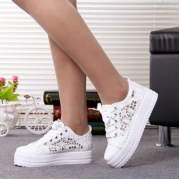 

Summer Women Shoes Casual Cutouts Lace Canvas Shoes Hollow Floral Breathable Platform Flat Shoe White Black 368