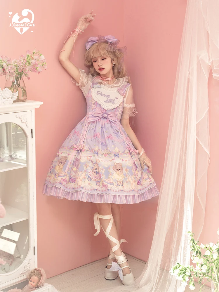 

Sweet Lolita Dress Vintage Falbala Bowknot Cute Printing High Waist Princess Victorian Dress Kawaii Girl Gothic Lolita Jsk Loli