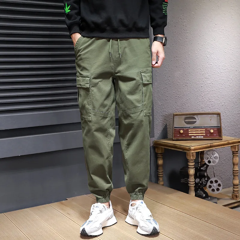 Autumn Tie Feet Cargo Khaki Pants Male Casual Loose High Street All-Match Multi-Pocket Mid-Waist Leisure Skateboard Men Trousers