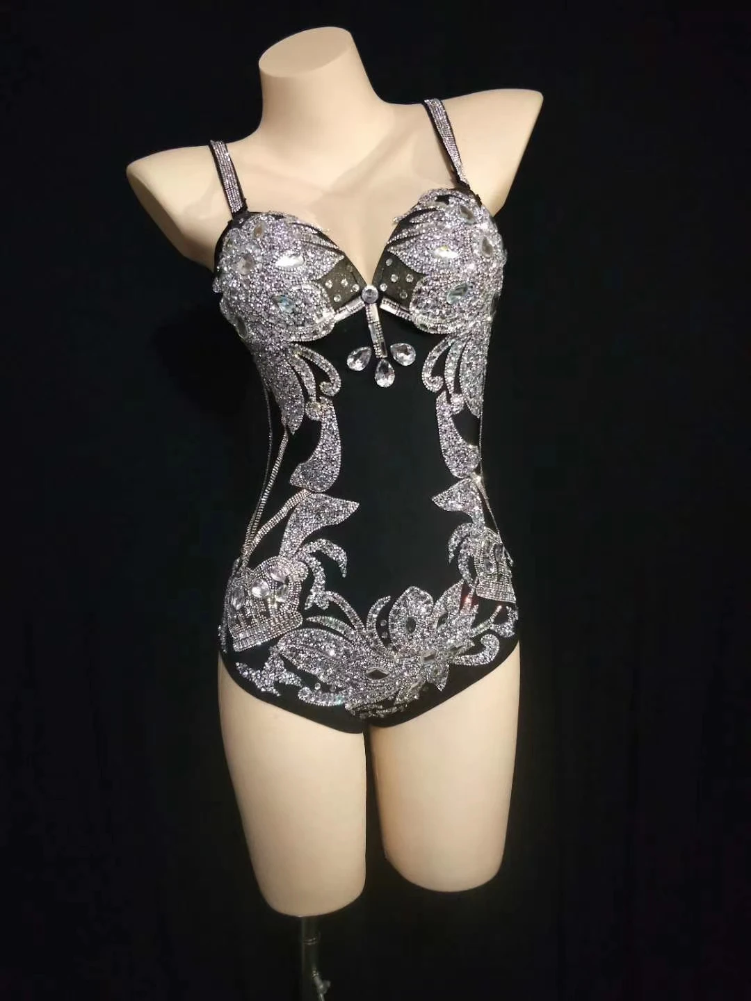 Sexy Feather Hem Rhinestone Bodysuit Women Spaghetti Strap Crystal Party Jumpsuit Nightclub Pole Dance Leotard Stage Costumes