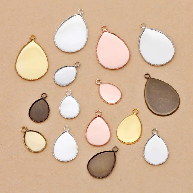 200pcs 5 Colors Drop Cameo Cabochon Base Setting Pendant Blank Tray fits for Teardrop 10x14 13x18 18x25mm Stone Jewelry Findings