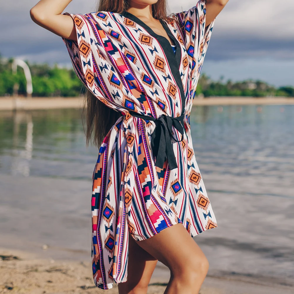 ZAFILLE Diamond Grid Print Beach Cover Up Kimono Pareo Beach Bikini Cover Up Women's Tunic Belt Beach Cardigan Women Beach Dress