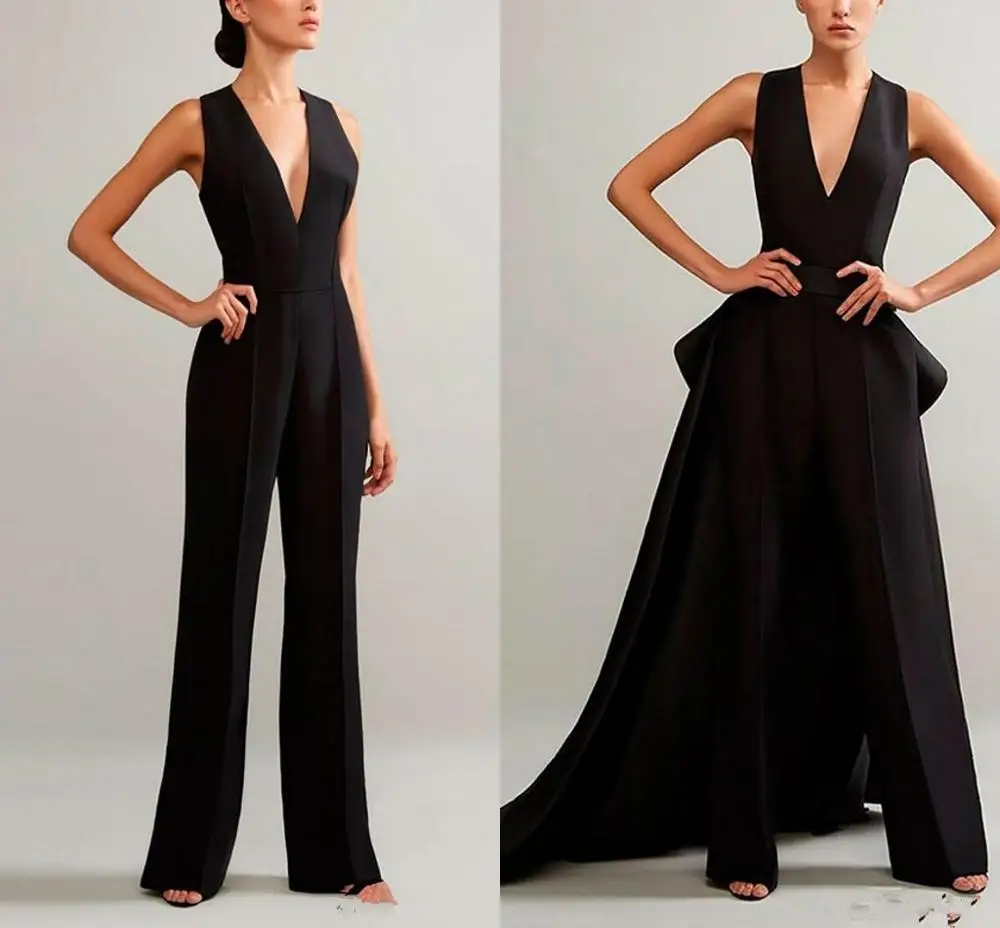 Black Evening Jumpsuits With Detachable Skirt V Neck Prom Gowns ruffles peplum Cheap Plus Women Formal Pant suit