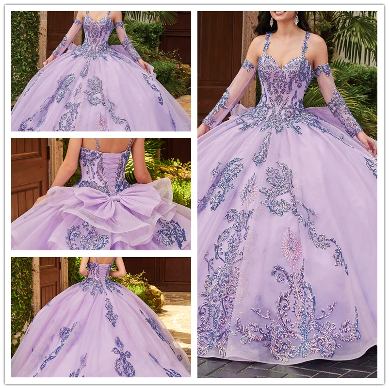 Robe de princesse Lilac Quinceanera, 15 pièces, bretelles Spaghetti, tenue d'anniversaire scintillante, douce, 16 applications, pour débutants, perles