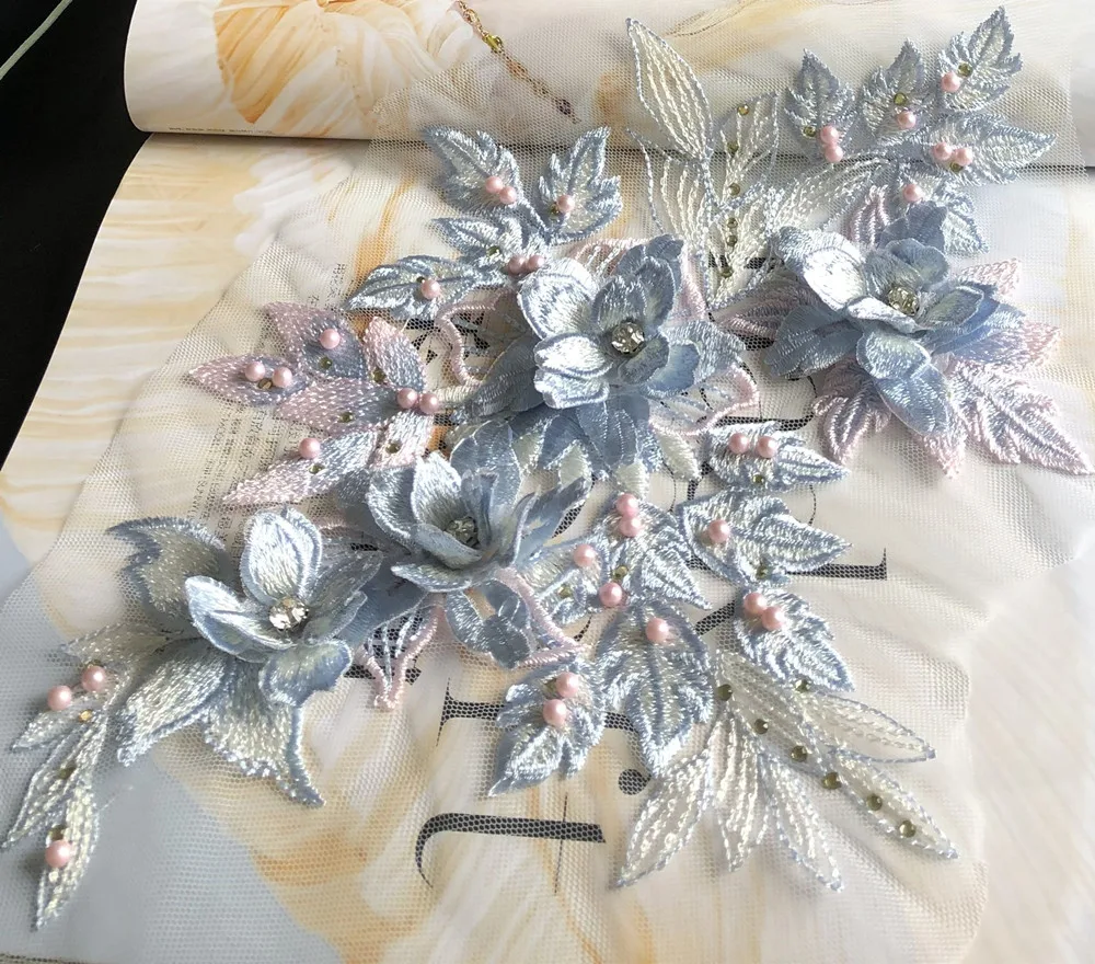 1Pcs More Color 3d Flower Embroidery Lace Patch Mesh Fabrics Beaded Crystal Applique Sewing Dress Clothes Accessory Diy Patches