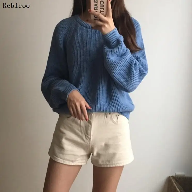 

Korean Fashion Ladies Full Sleeve Women Knitting Sweater Solid O-Neck Pullover And Jumper Loose Sweater Hot Sale