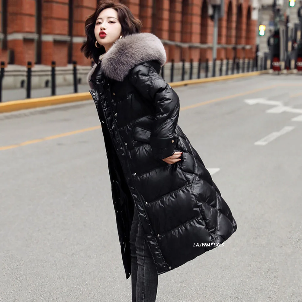 High Quality Luxury Women Down Coats Real Fox Fur Collars Adjustable Waist Winter Warm Long 90% White Down Jackets Outerwear