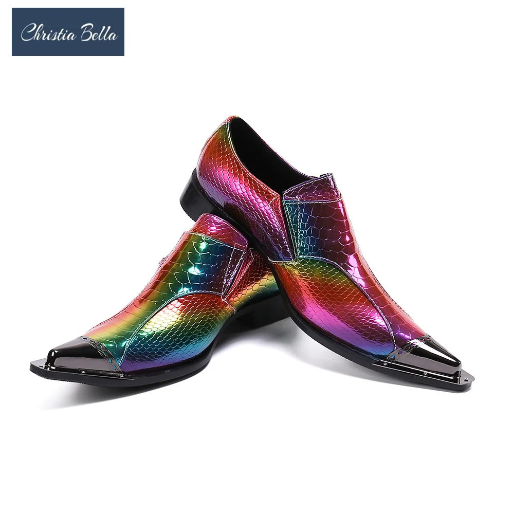 Fashion Rainbow Color Laser Men Real Leather Shoes Buckle Pointed Toe Man Male Formal Business Leather Shoes Party Dress Shoes