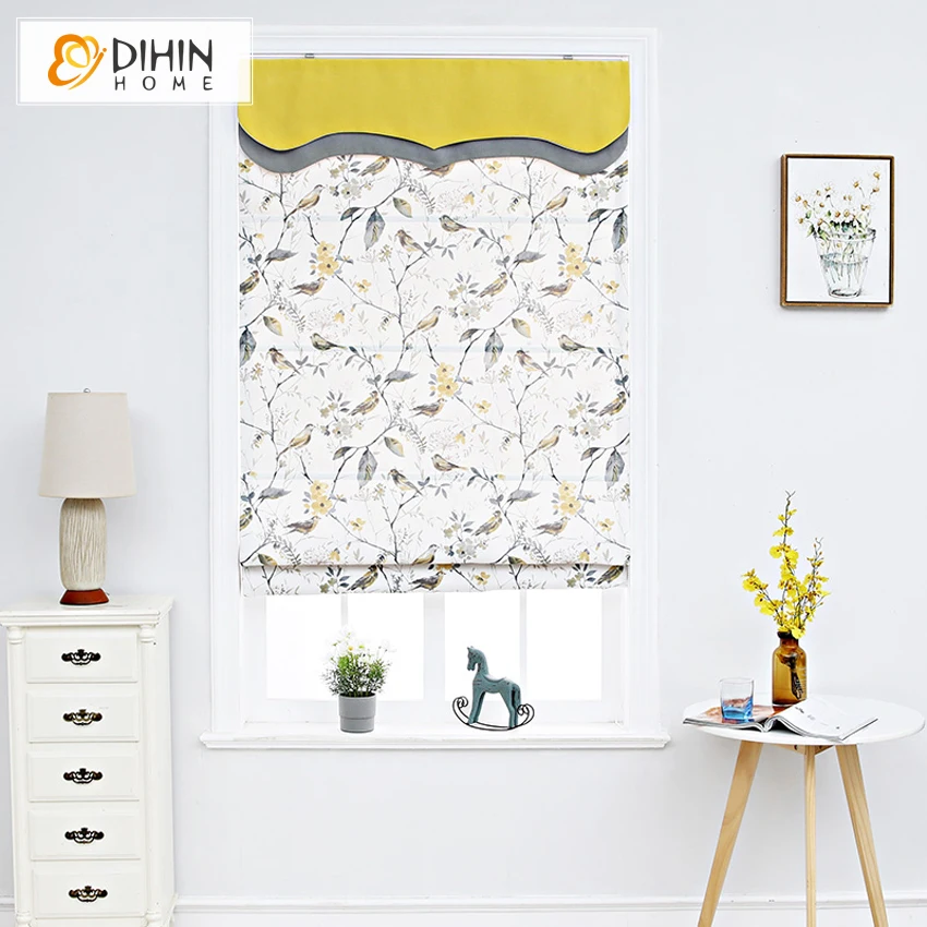 

Motorized Pastoral Printed Bird Custom Roman Blinds With Yellow Heading Window Curtains For Living Room Free Shipping