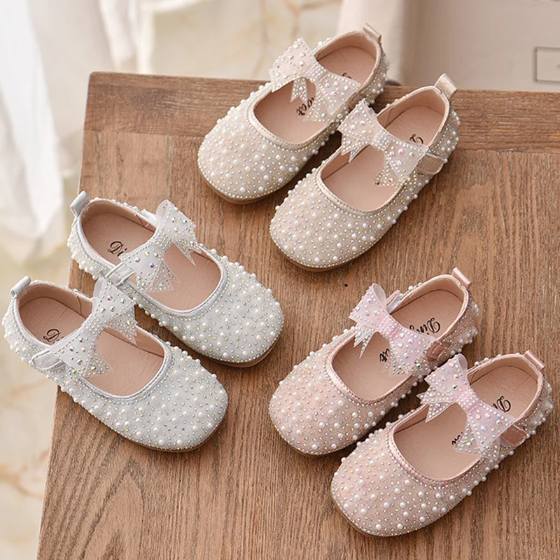 New Girls Single Princess Shoes Pearl Shallow Children\'s Flat Shose Kid Baby Bowknot Shoes 2022 Spring Autumn B207