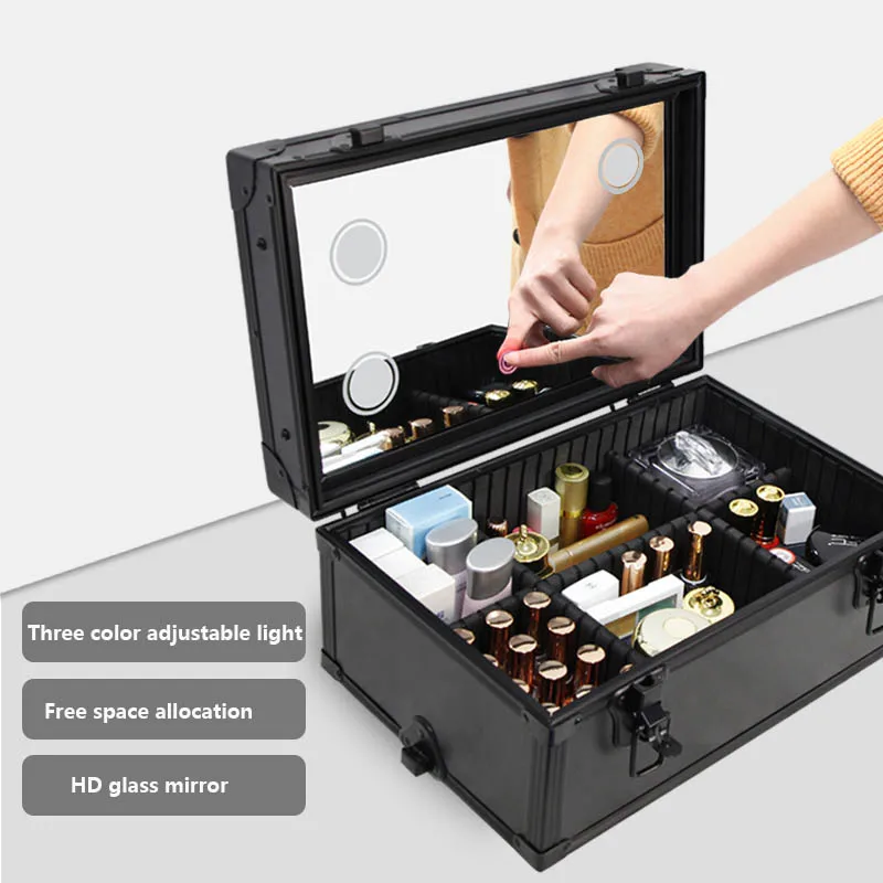 Professional Heel Makeup Artist Metal Trolley Suitcase Double-Deck High-Capacity With Lamp Beauty Manicure Embroidery Tool Case