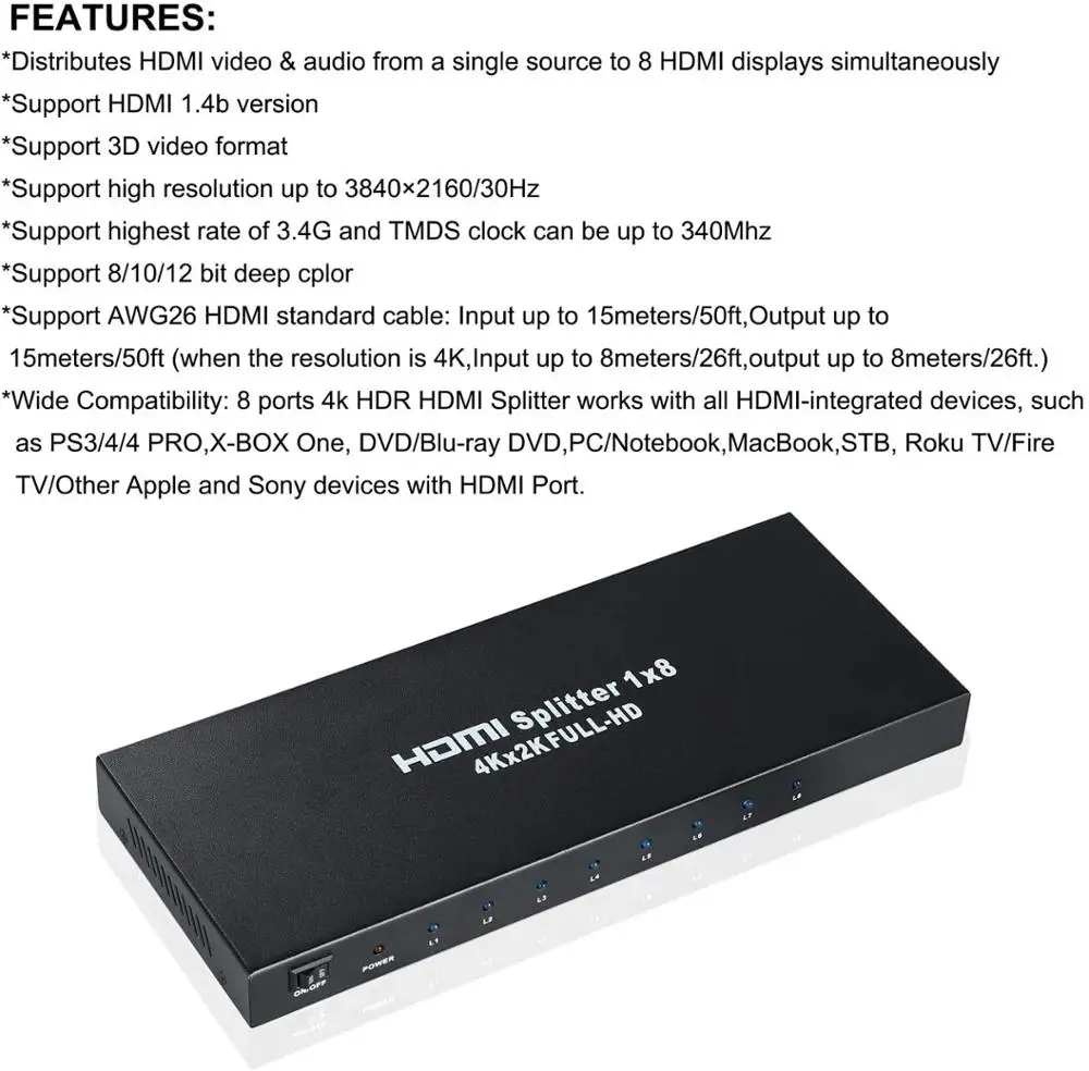 4k 1x8 hdmi divisor um em oito para fora alimentado 8way hdmi divisor amplificador de áudio e vídeo distribuidor com carregador completo hd 3d & 4k