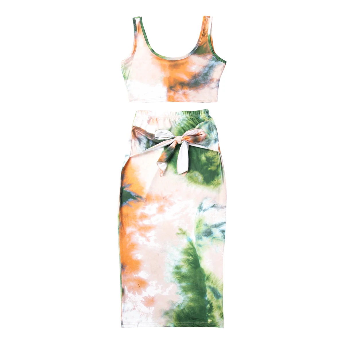 2Pcs Women Set Clothes Sleeveless Crop Top Bandaged Tie-dye print Vest Top+Skirt Ladies Summer Fashion Streetwear Clubwear