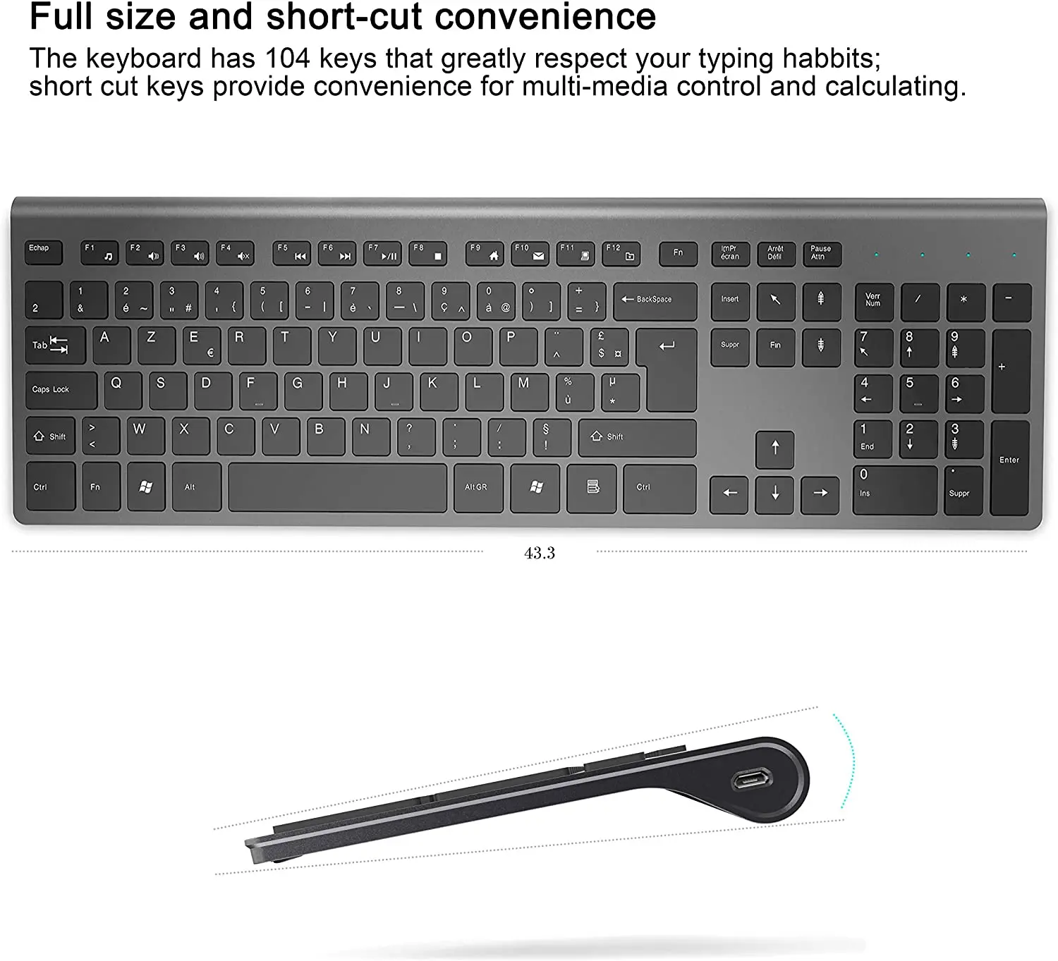 Clavier et souris sans fil rechargeables, 2.4G, grande taille, mince, design ergonomique et compact pour ordinateur portable, PC de bureau, ordinateur, Windows