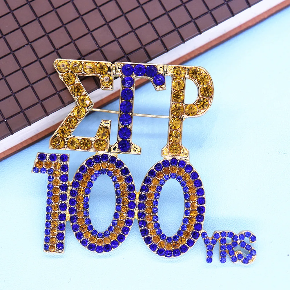 Blue Yellow Diamond Crystal Gold #100 Torch Broach Sorority Greek Society Sigma Gamma RHO 100 YRS Brooches