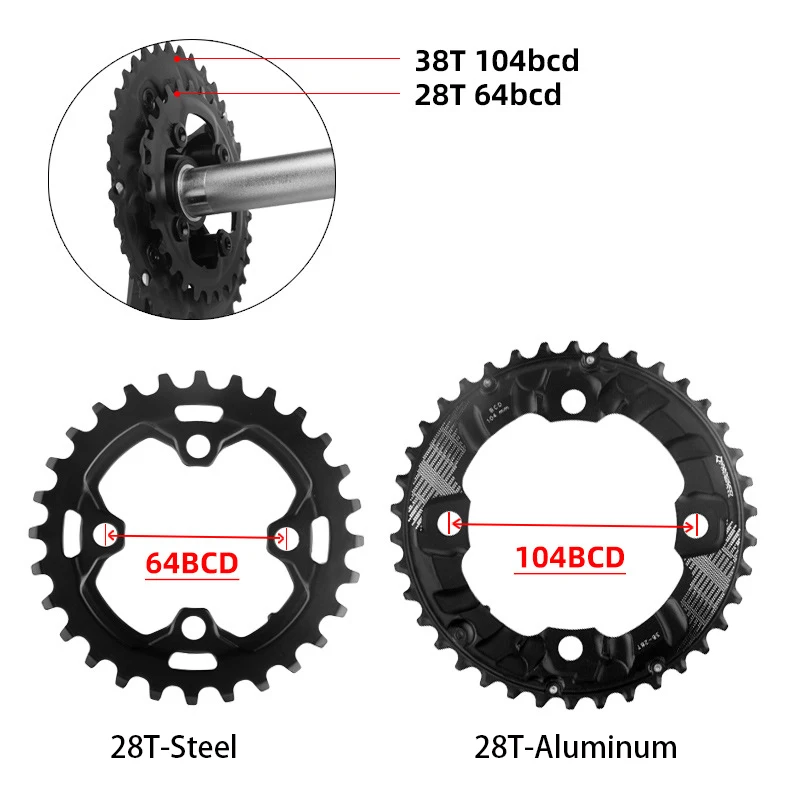PROWHEEL MTB Kettenblatt 104/64BCD Doppelkettenblätter 26T 28T 36T 38T Mountainbike-Kettenblatt 10S/11S Kompatibel MTB Kurbelgarnitur – Detail 2