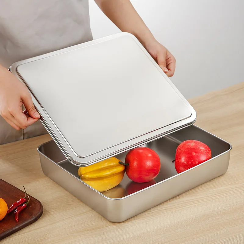 Thick Stainless Steel Food Storage Tray with Lid Rectangular Baking Pan Restaurant Vegetable Fruit Plates Kitchen Organizer