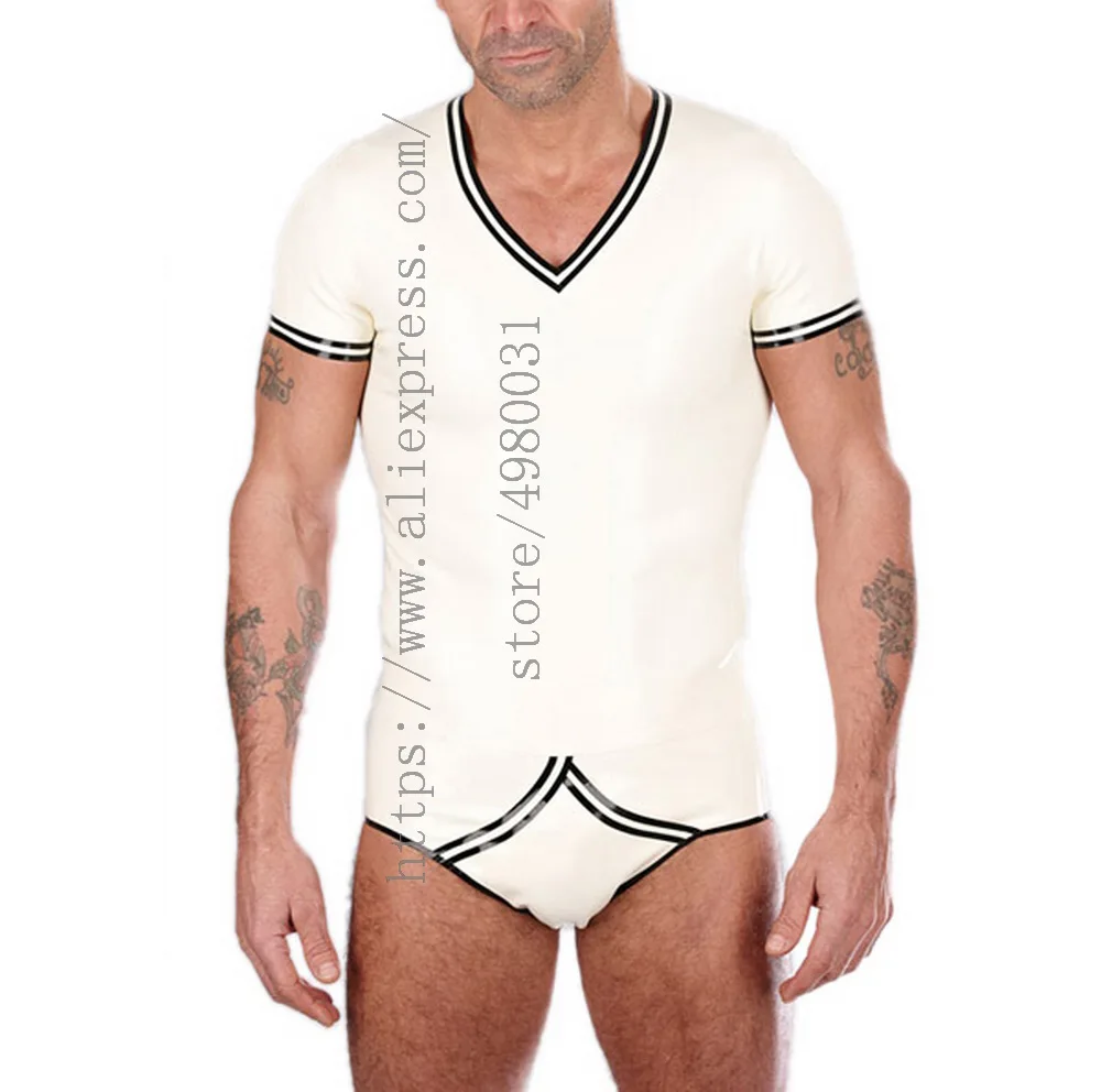 

Casual men's clothing sets including summer t-shirt and briefts made of 0.4mm thickness natural latex materials