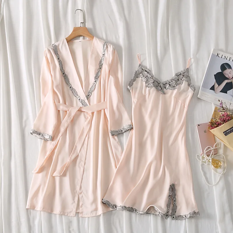 

Spring Autumn Sexy Embroidered Silk Robe Female Two-Piece Nightgown With Suspenders Imitation Silk Home Clothes Casual Bathrobe